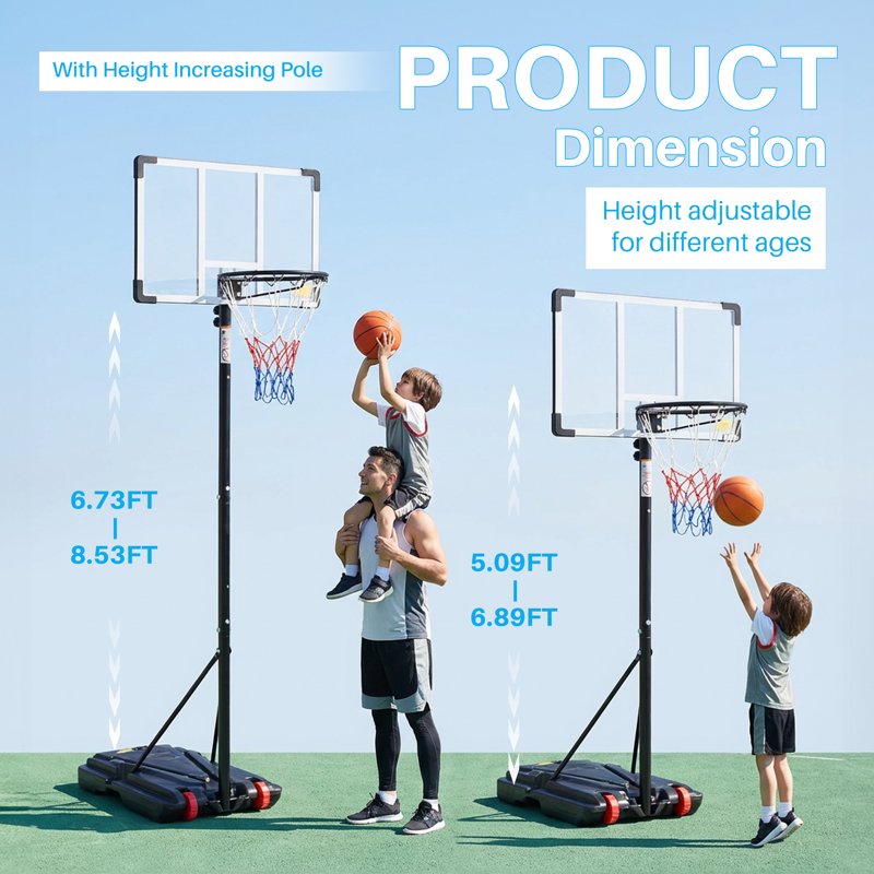 Outdoor Portable Basketball Hoop with 32-Inch Shatterproof Backboard, Adjustable Height 5-8.5 ft