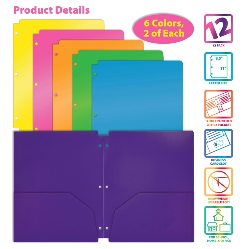 Bright Neon Pocket Folders with Business Card Slot - 6 Pack