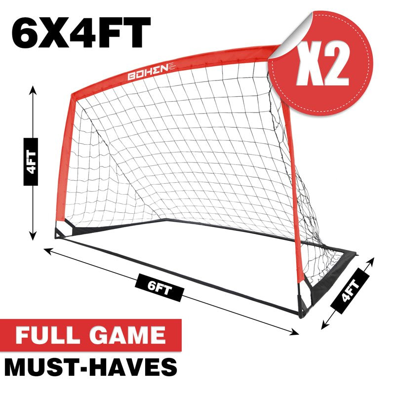 BOHEN 6x4ft Portable Soccer Goal Set with Carry Bag - Easy Fold, Red, 2 Pack