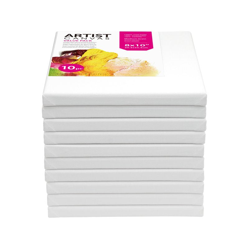 Studio White Stretched Canvas 8x10 Inches - Pack of 10, Acid-Free Cotton for Painting & Art