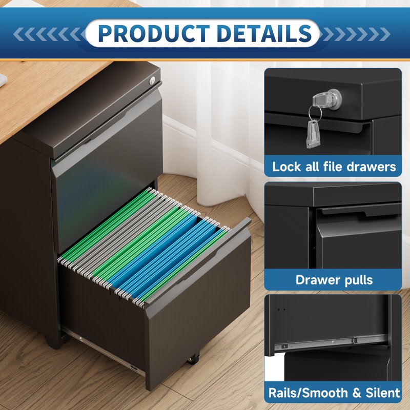 2-Drawer Metal File Cabinet with Lock for Office & Home, Black, Fits A4/Letter/Legal