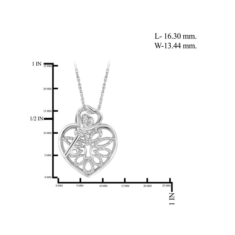 Sterling Silver Heart Pendant with Key and White Diamond Accents