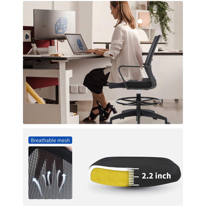 Adjustable Drafting Office Chair with Lumbar Support and Swivel Base - Ergonomic Mesh Seat