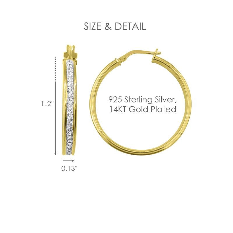 14K Gold Plated Sterling Silver Hoop Earrings with Crystals - Women's Classic Round Jewelry