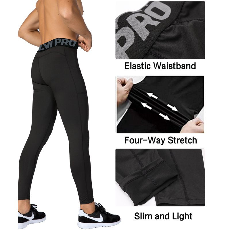 Men's Compression Tights with Pockets for Running & Gym - Athletic Workout Pants