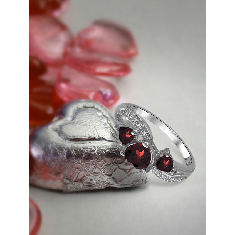 Sterling Silver Garnet Ring with Diamonds | Heart Design, Hypoallergenic