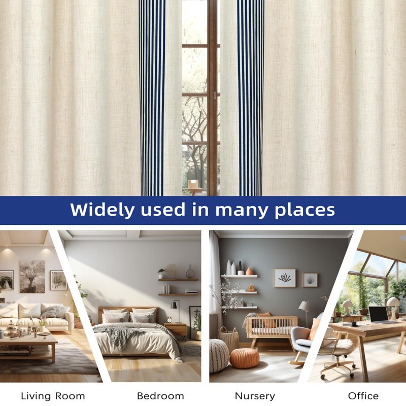 Linen Blend Blackout Curtains 52x84 Inch Vertical Striped Room Darkening Drapes