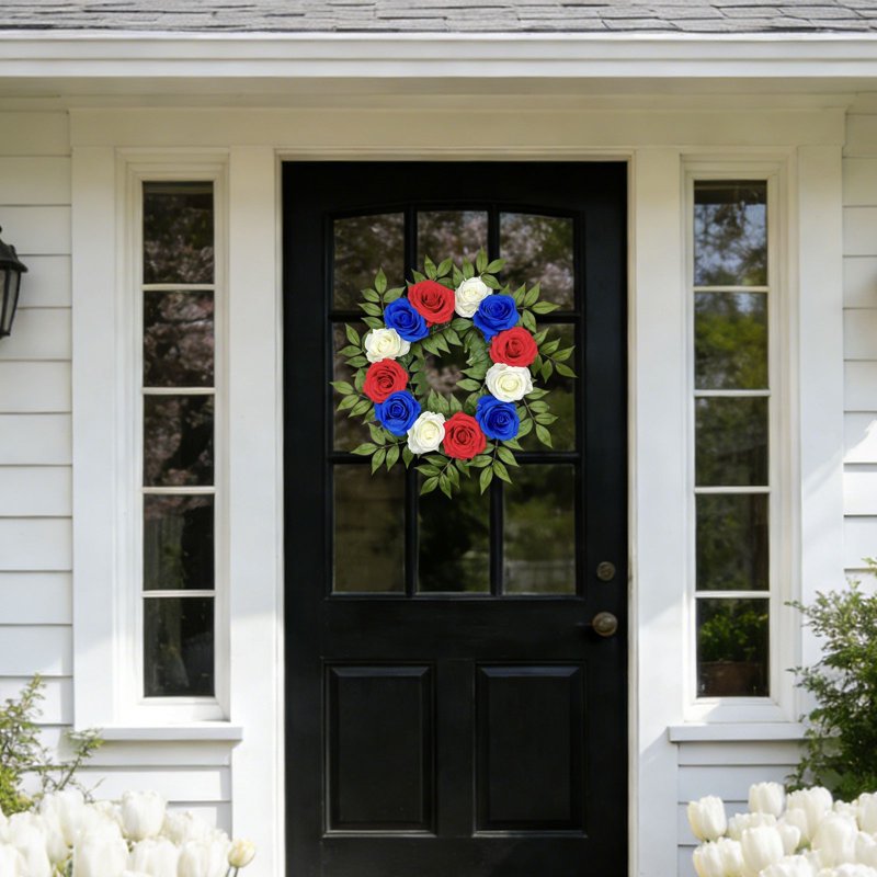 Patriotic Artificial Rose Wreath for 4th of July and Holiday Decor - Red White Blue Floral Front Door Wreath