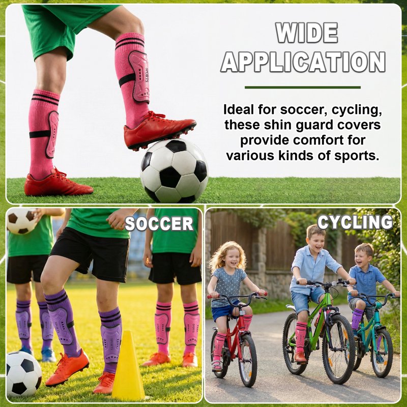 Kids Shin Guards with Socks - 2 Pairs Protective Soccer Gear for 6-10 Years (Rose & Purple)