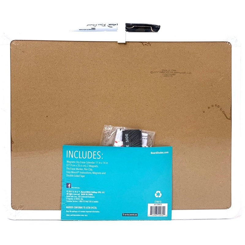 11x14 White Dry Erase Calendar Board with Metal Frame - Magnetic Surface for Planning & Messaging