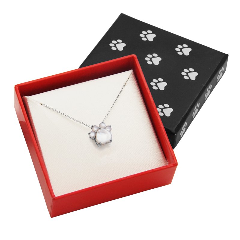 Sterling Silver Paw Print Necklace with Simulated Opal Pendant - Gift Ready