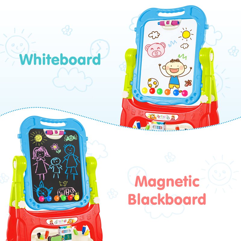 Kids Double-Sided Adjustable Art Easel with Magnetic Whiteboard & Chalkboard