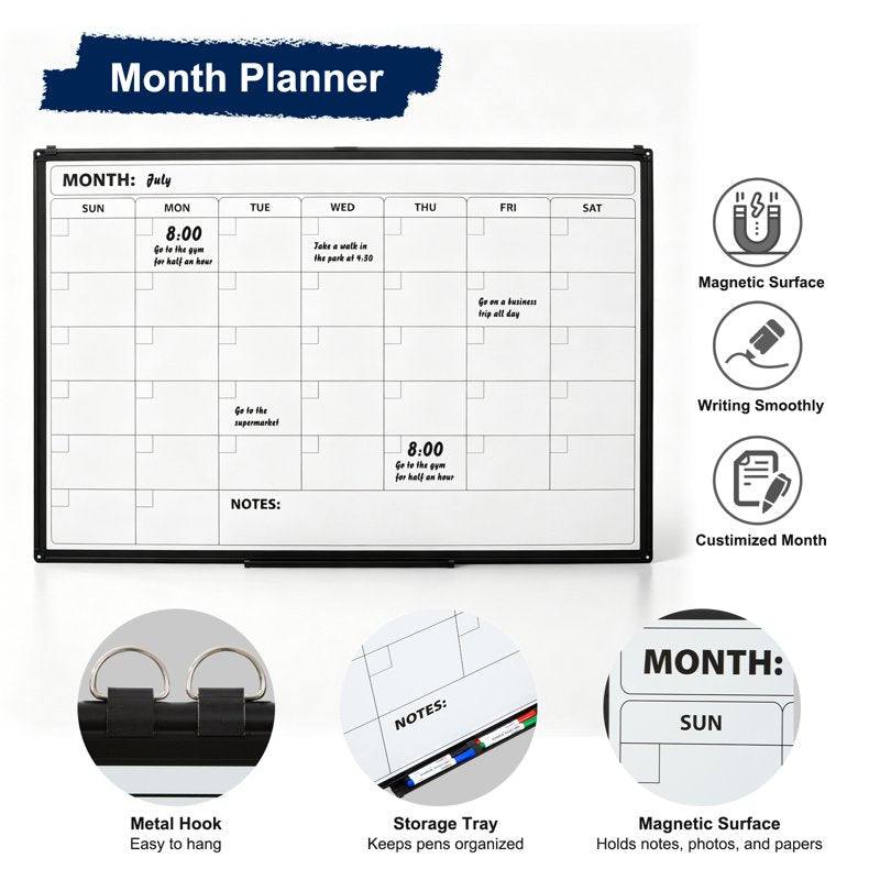 Magnetic Dry Erase Calendar Board 36x24 Inch Wall Whiteboard Organizer
