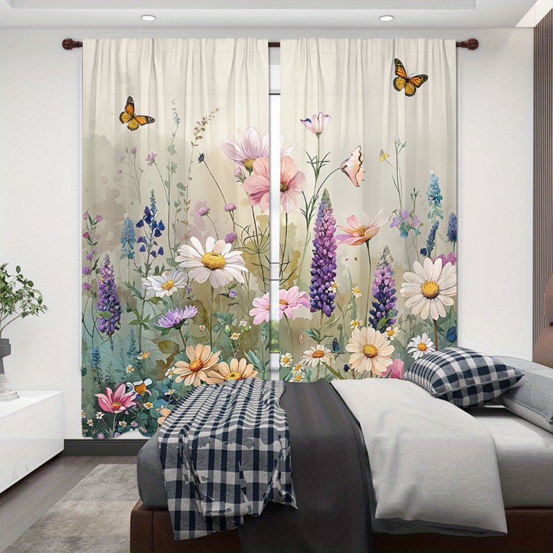 Rustic Wildflower & Weed Light-Filtering Curtains Set of 2 for Bedroom & Living Room