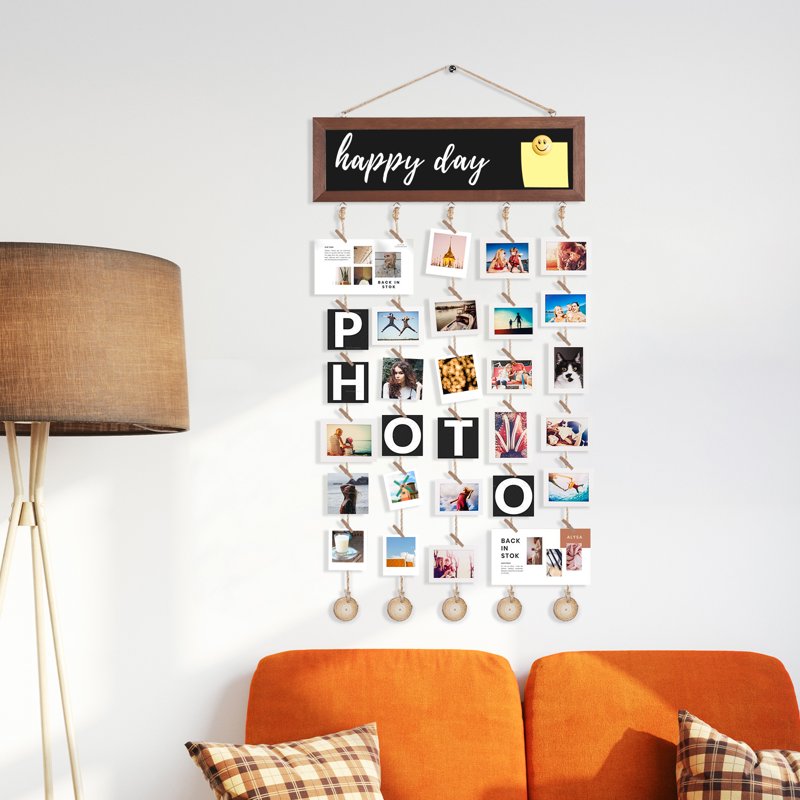 Rustic Black Hanging Photo Display with Chalkboard and Clips Wall Decor