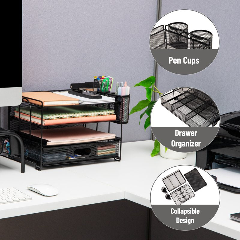 Mesh Desk Organizer with 3 Trays, Drawer & Pen Holders, Black Office Storage