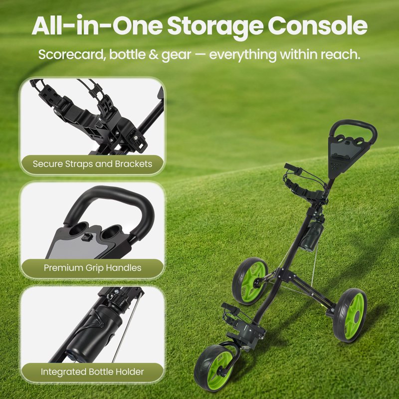 Naipo 3-Wheel Folding Golf Push Cart - Large Wheelbase, Adjustable Handle, Scorecard Holder (Green)