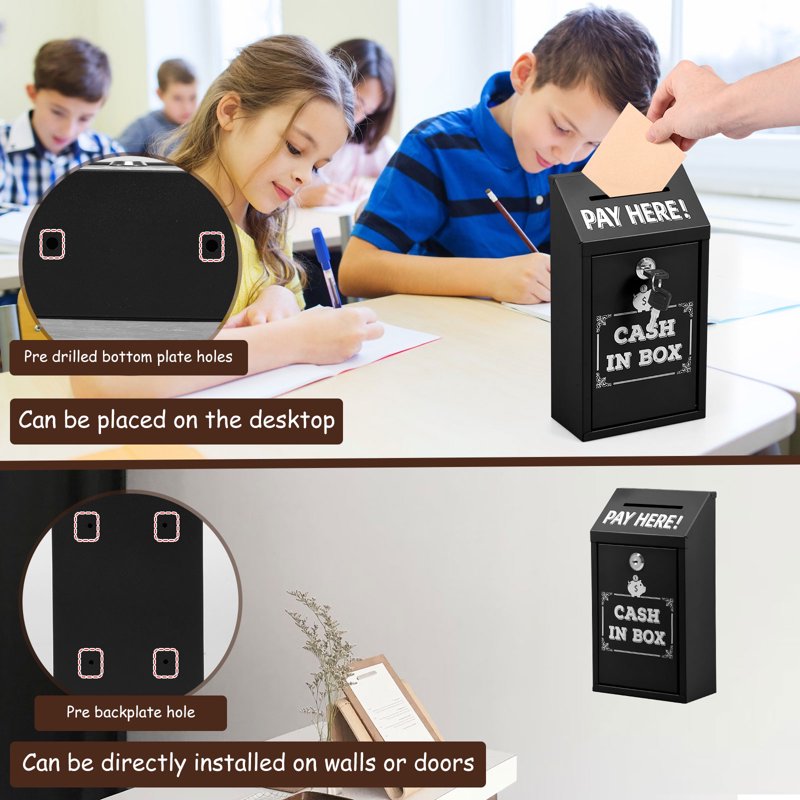 Metal Donation Box with Key Lock Wall Mount Cash Drop Safe Outdoor Indoor