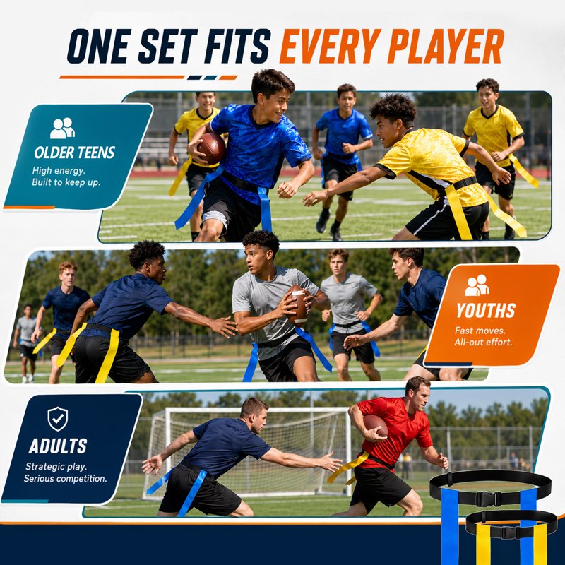 Flag Football Belts Set with Flags Cones Whistles & Carry Bag - Adjustable for Team Training