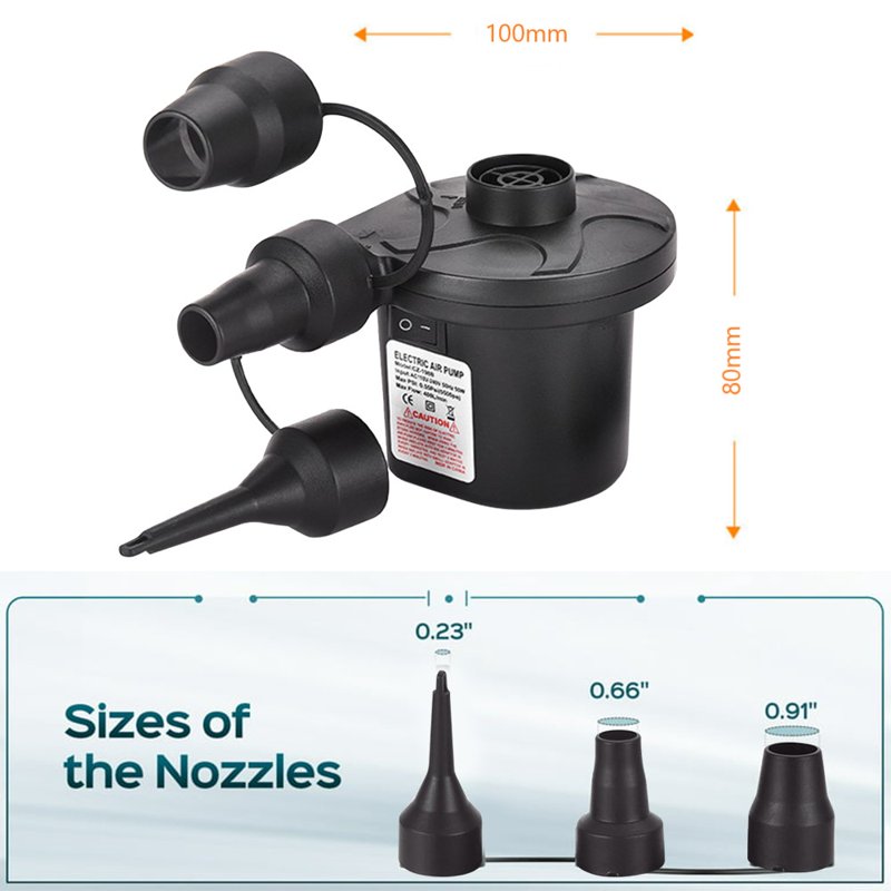 Portable Electric Air Pump with 3 Nozzles for Inflatables Black