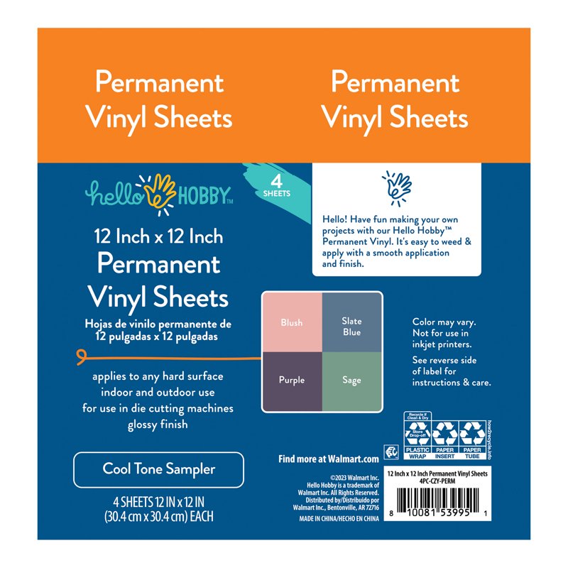Permanent Craft Vinyl Sheets - Cool Tone Sampler for DIY Projects - 12x12 Inches