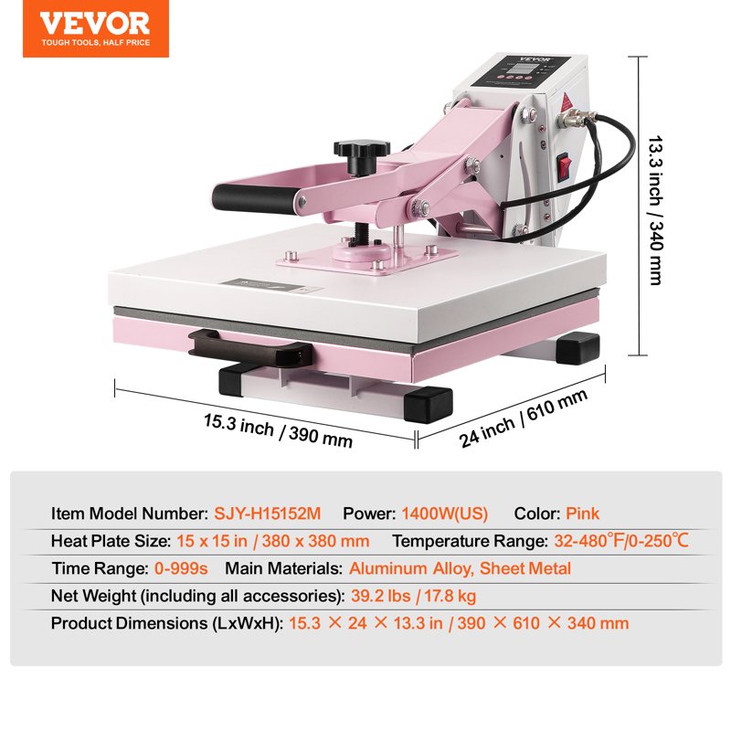 15x15 Inch Digital Heat Press Machine for T-Shirts, Pillows & Bags - Pink