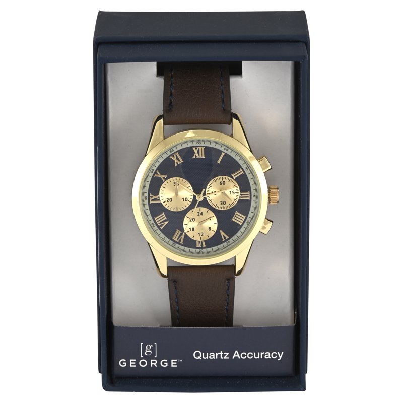 Men's Gold Round Case Watch with Brown Strap - Analog Faux Eye Dial