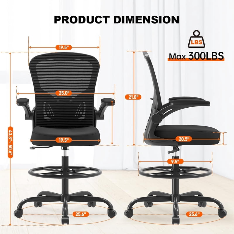 Ergonomic Tall Office Drafting Chair with Flip-Up Armrests & Lumbar Support