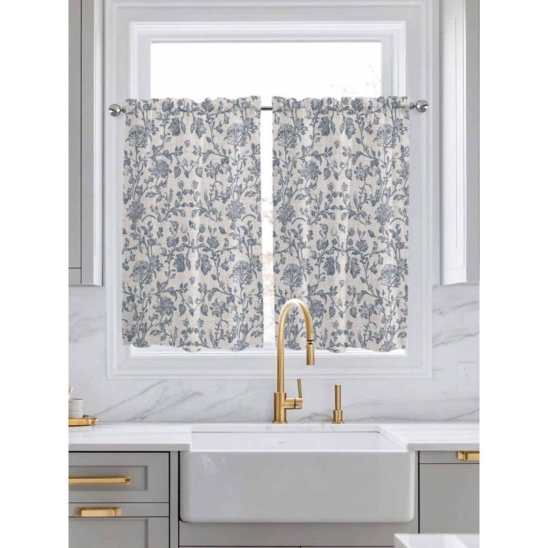 Farmhouse Blue Floral Tier Curtains - Window Half Privacy Drapes, 42x45 Inches, 2 Panels