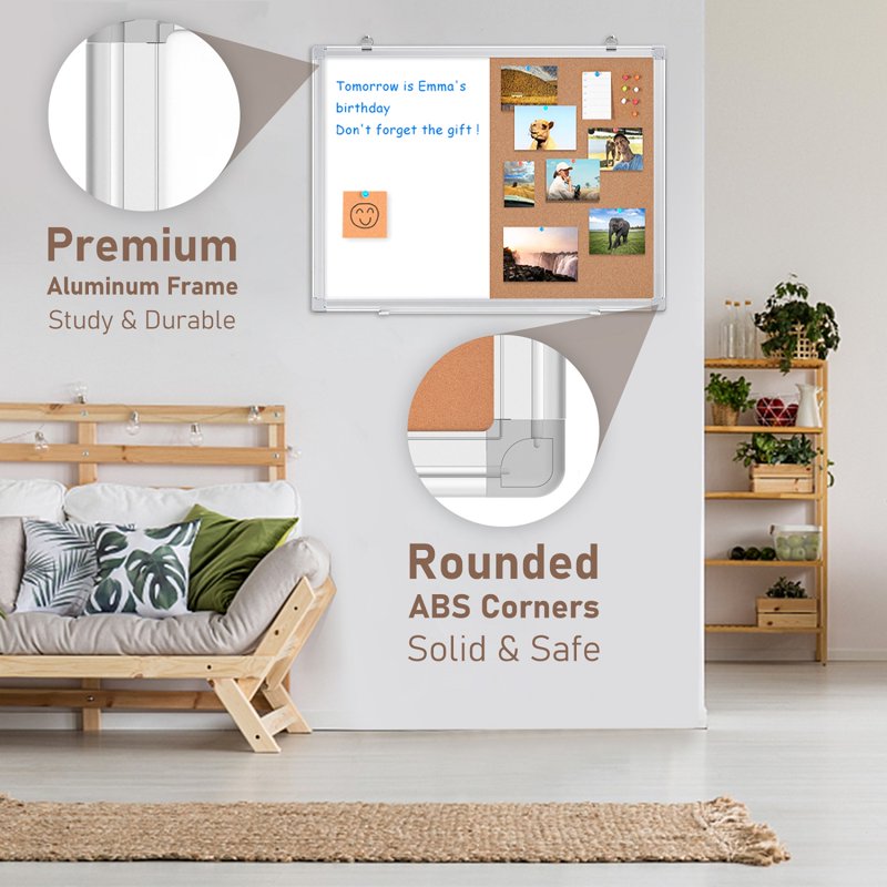 Magnetic Whiteboard and Cork Bulletin Board Combo 36x24 Inches - Wall Mountable Office & Home Organization