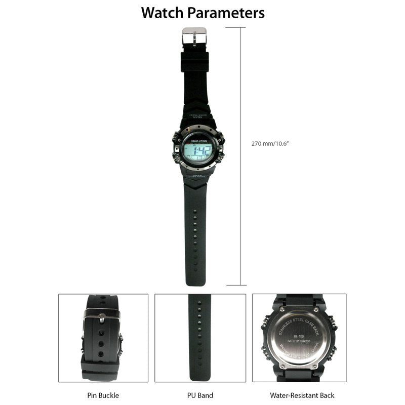 Men's Solar Digital Wristwatch with Stopwatch and Water Resistance