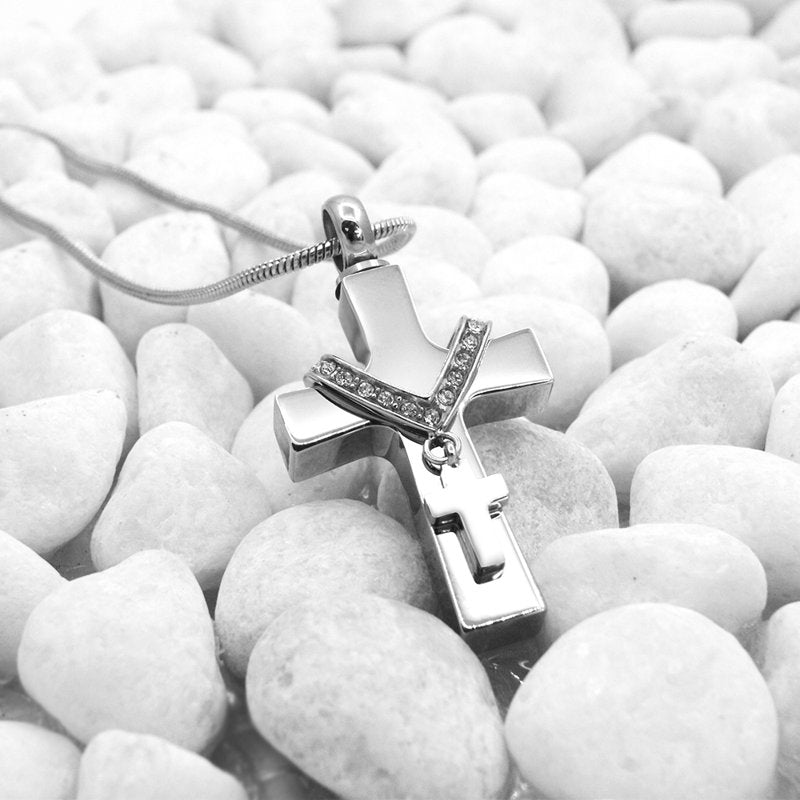 Silver Cross Cremation Necklace with Rhinestone Accents - Memorial Jewelry for Ashes