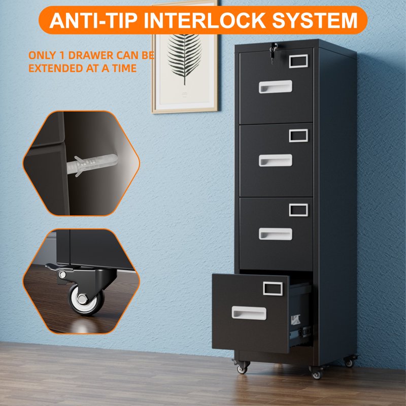 Vertical File Cabinet with 4 Locking Drawers and Wheels - Office & Home Storage Solution