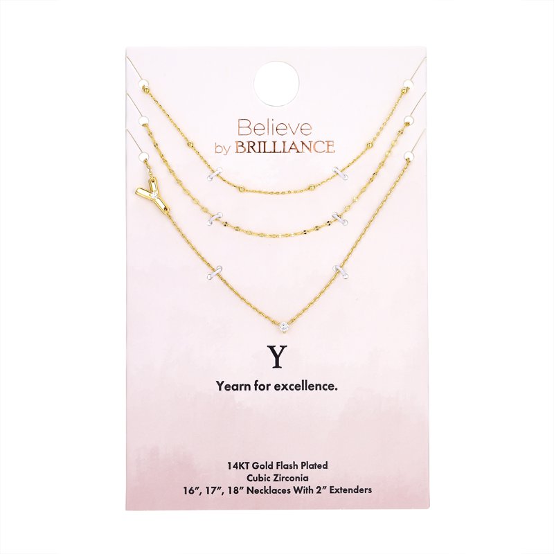 Gold Flash Plated Initial Necklace Set with Cubic Zirconia - All Letters, 16-18 Inch Layers