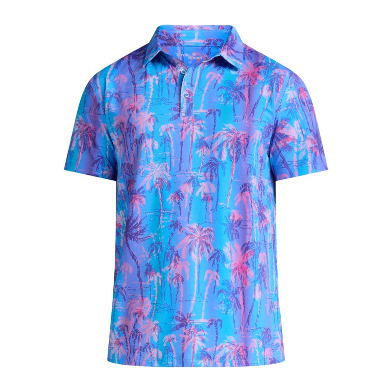 Birdie Bound Men’s Novelty Palm Print Golf Polo Shirt – Sizes S-5XL, Digital Lavender Palm XL