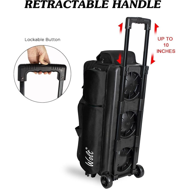 Bowling Ball Bag with Wheels 3-Ball Capacity, Shoe Compartment & Accessory Pocket, Retractable Handle