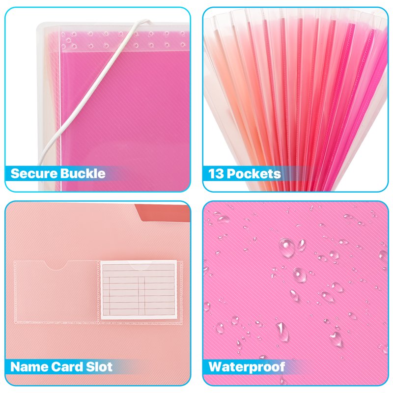 Pink 13-Pocket Accordion File Folder with Secure Closure & Custom Labels