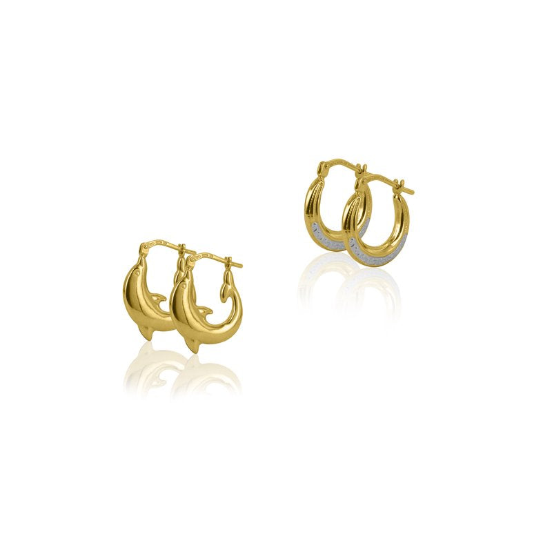 Sterling Silver Gold-Plated Dolphin & Greek Key Hoop Earrings - Hypoallergenic, 14mm & 16mm