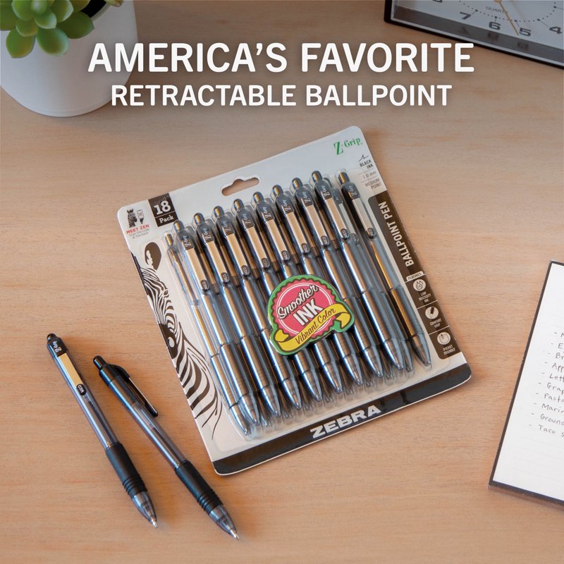 Zebra Z-Grip Retractable Ballpoint Pen 1.0mm Medium Tip Black Ink 18 Pack