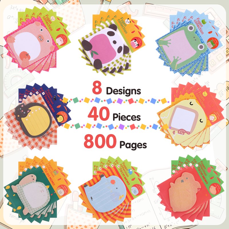 Cute Animal Sticky Notes Bulk Set - 800 Sheets, Small Note Pads for Office & Kitchen