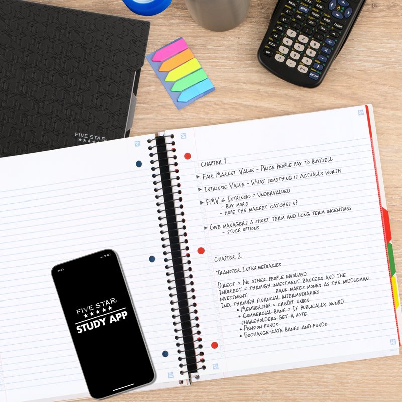 College Ruled Notebook 5 Subject Spiral 8.5 x 11 Water-Resistant Cover