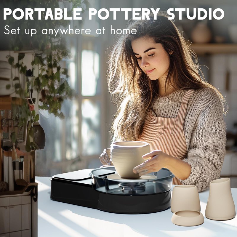 Mini Pottery Wheel Kit for Beginners with 2.2lb Air-Dry Clay, Tools & Storage