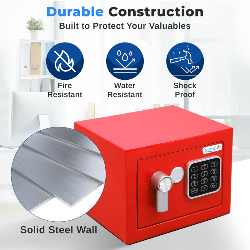 Electronic Safe Box with Digital Touchpad and Mechanical Override - Compact Steel Security Safe (Red)