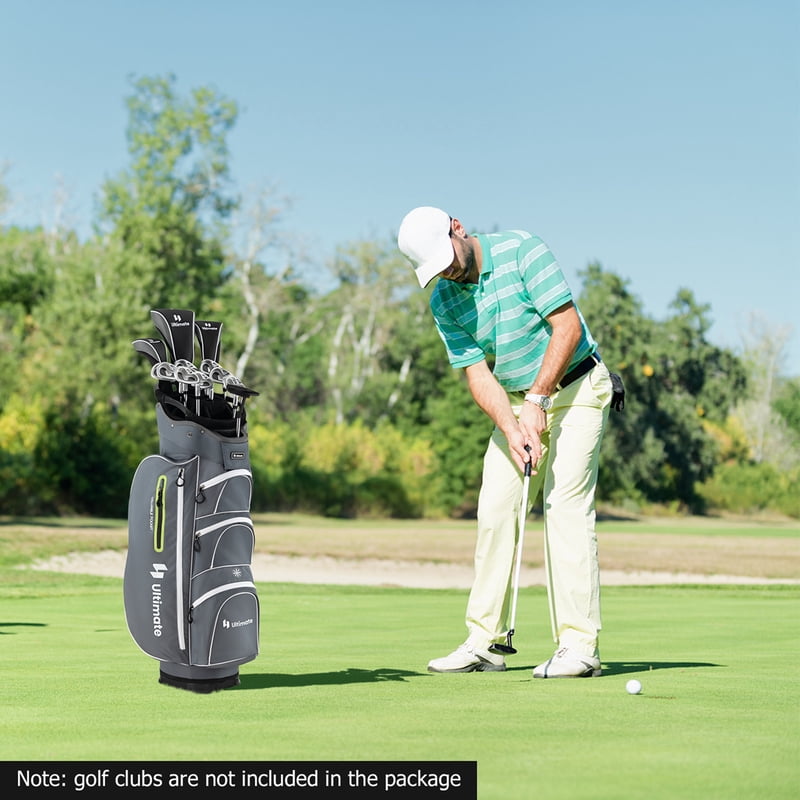 Costway 33'' Golf Cart Bag with 15-Way Top, Putter Well, Cooler, Rain Hood – Grey/Green Variation