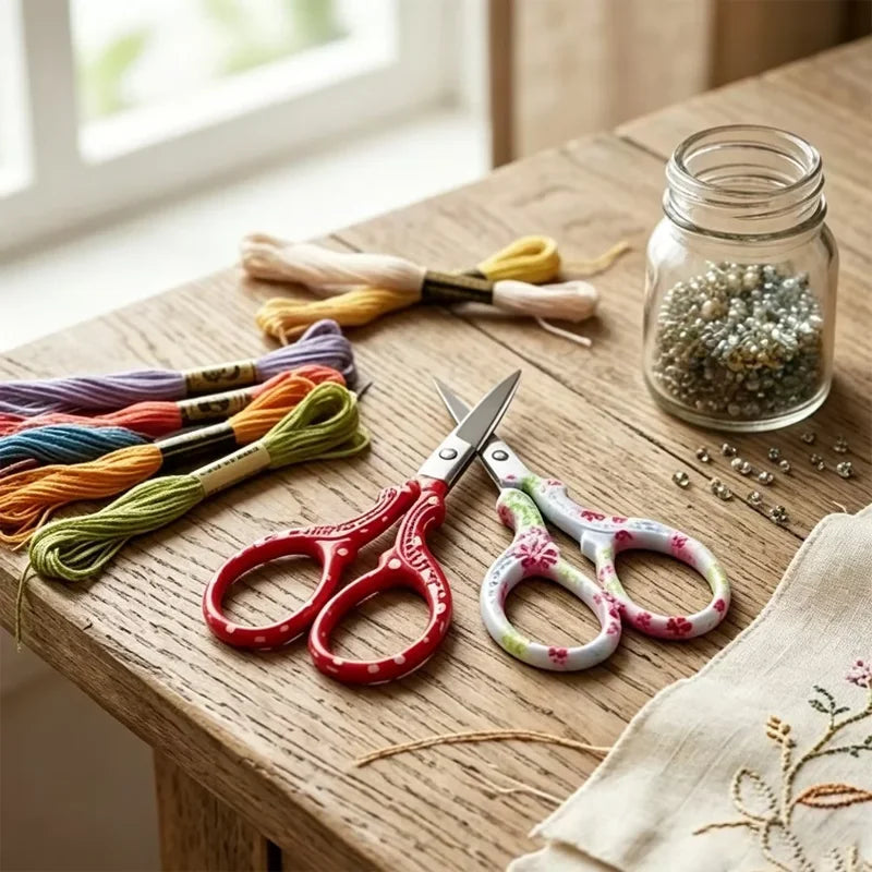 DINNAT 2-Pack Stainless Steel Craft Scissors – Embroidery, Sewing, Paper Cutting, Red & White (Variation: Red+White)