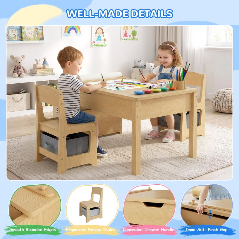 Kids Art Table and Chair Set with Convertible Easel, Storage & Paper Roll Holder