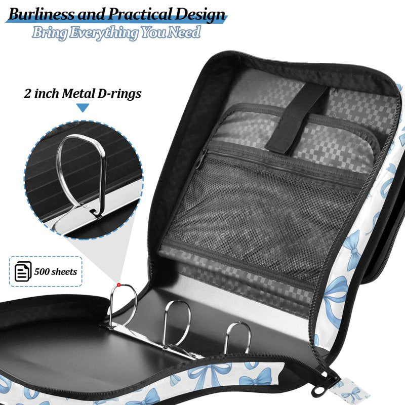 Zipper Binder with Bow Pattern, 3-Ring File Organizer, 500 Sheets Capacity