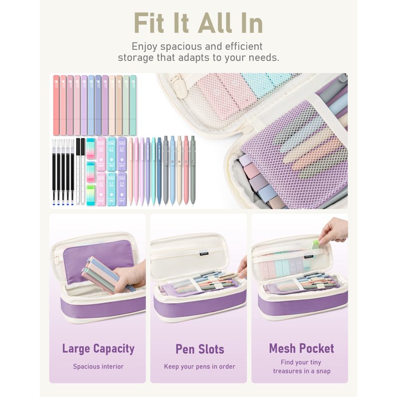 Four Candies 39-Piece Stationery Set with Purple Variation: 12 Pastel Highlighters, 6 Mechanical Pencils & 5 Gel Pens in Case