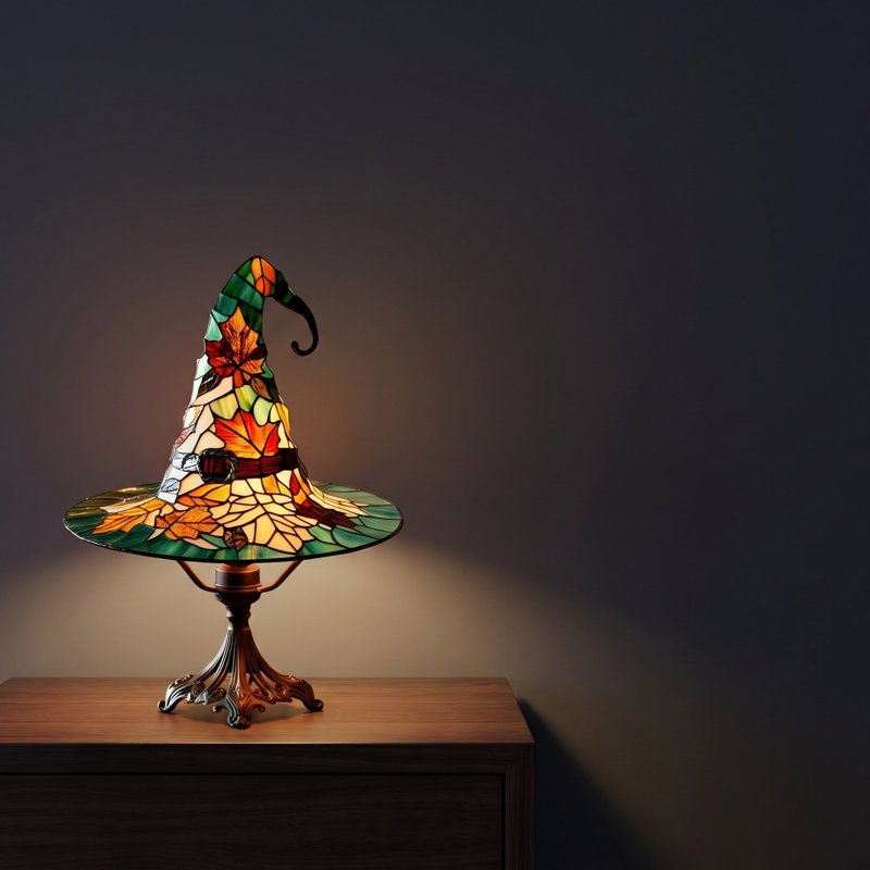 Halloween Witch Hat Lamp with Tiffany Stained Glass Design - Fall Decor for Home & Party