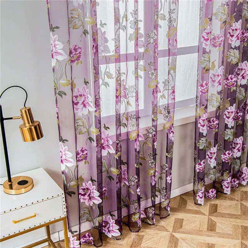 Sheer Floral Curtains 96 Inch Length - Purple & Pink Window Drapes